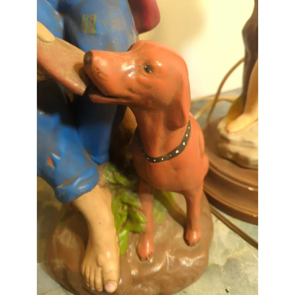 (2) Vintage Large 2' Tall Hand Painted Ceramic Table Lamp Boy With Puppies